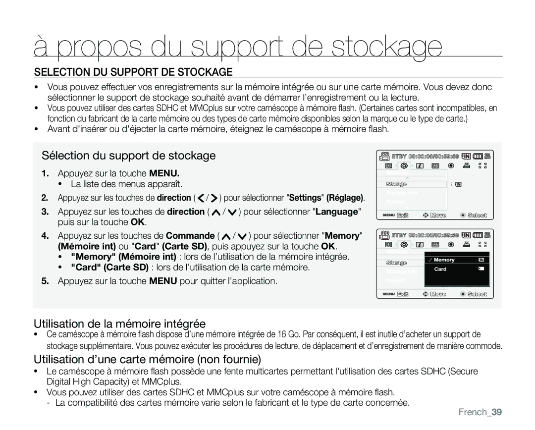 Samsung VP-MX25E/EDC Propos du support de stockage, Selection DU Support DE Stockage, Sélection du support de stockage 