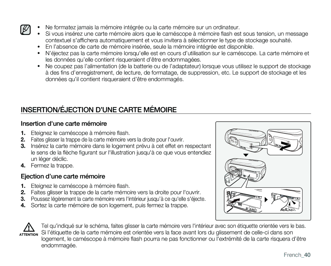 Samsung VP-MX25E/EDC INSERTION/ÉJECTION D’UNE Carte Mémoire, Insertion dune carte mémoire, Ejection d’une carte mémoire 