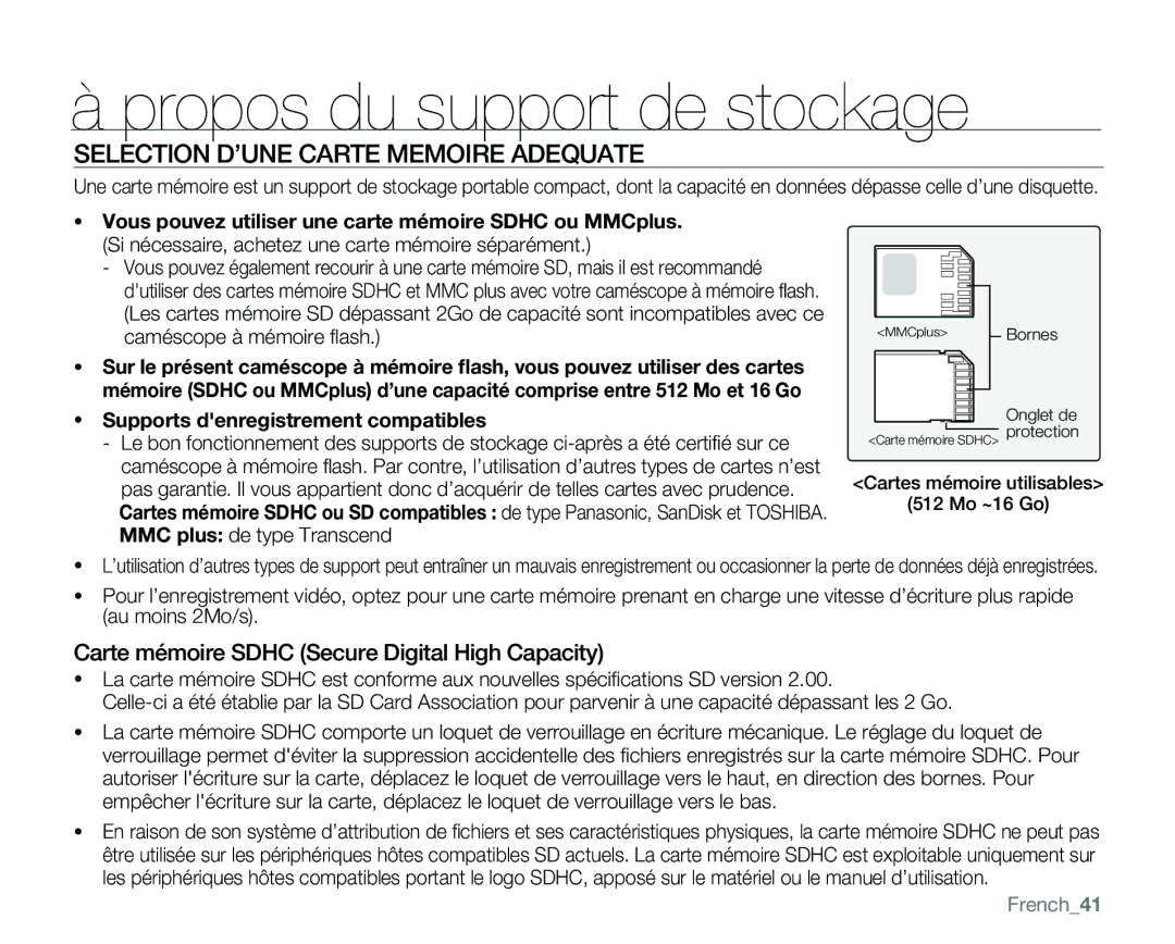 Samsung VP-MX25E/EDC manual Selection D’UNE Carte Memoire Adequate, Carte mémoire Sdhc Secure Digital High Capacity 