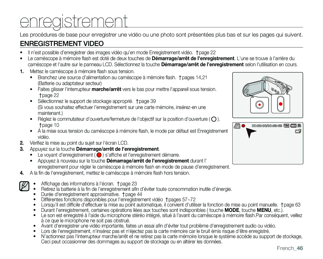 Samsung VP-MX25E/EDC manual Enregistrement Video, French46 