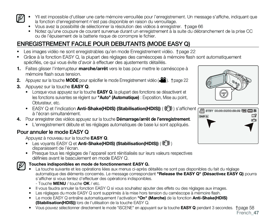 Samsung VP-MX25E/EDC manual Enregistrement Facile Pour Debutants Mode Easy Q, Pour annuler le mode Easy Q, French47 