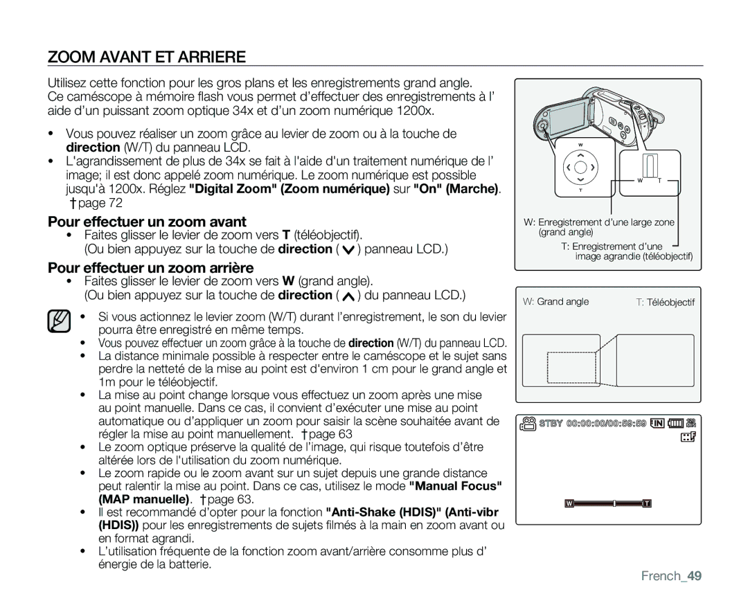 Samsung VP-MX25E/EDC manual Zoom Avant ET Arriere, ²page, French49 