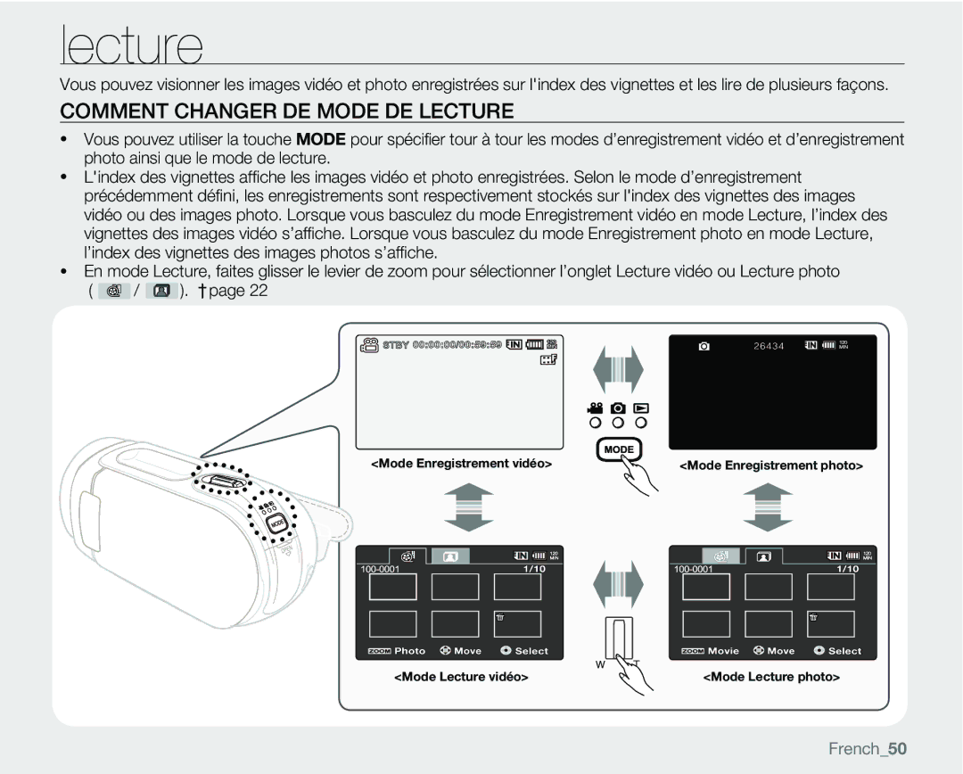 Samsung VP-MX25E/EDC manual Comment Changer DE Mode DE Lecture, French50 French50 