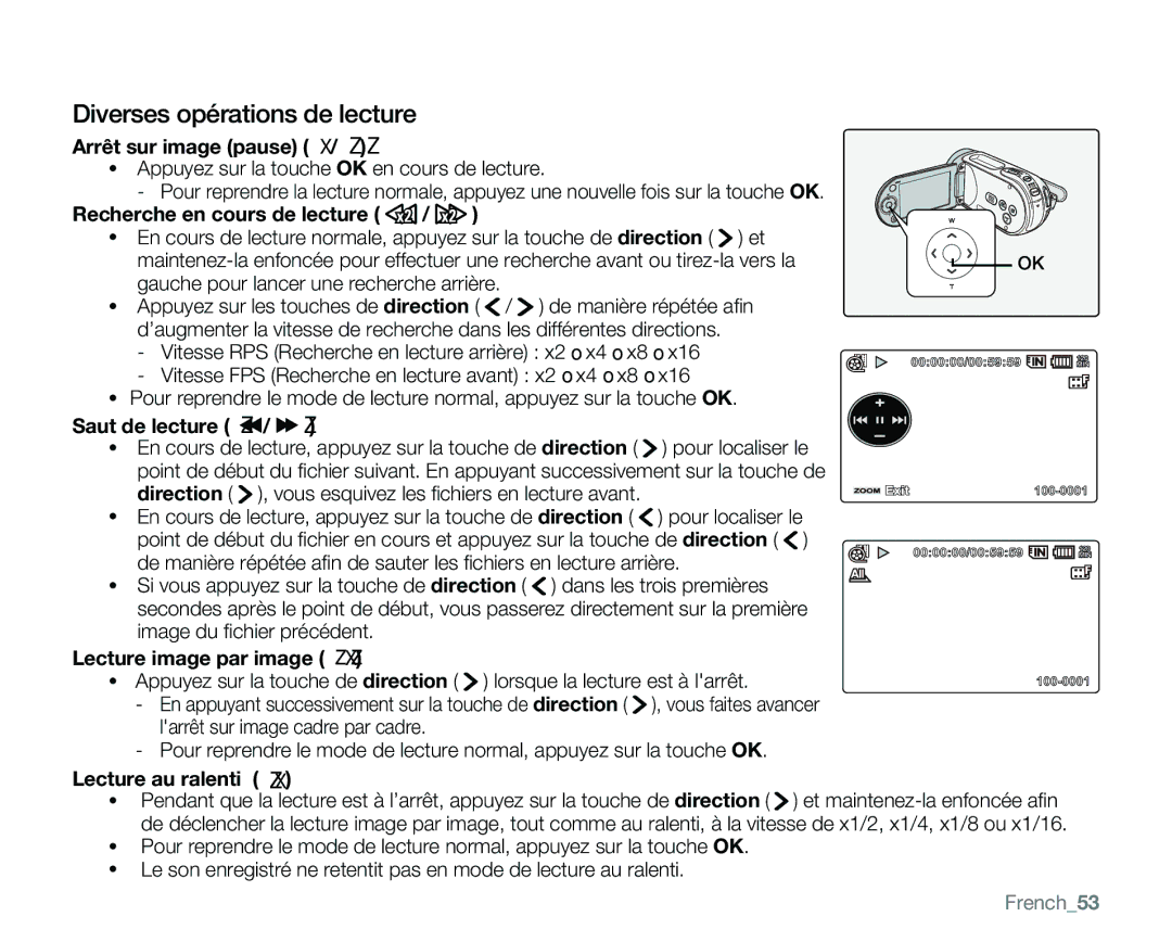 Samsung VP-MX25E/EDC manual Diverses opérations de lecture, Saut de lecture Z / Z, Lecture image par image ZZX, French53 