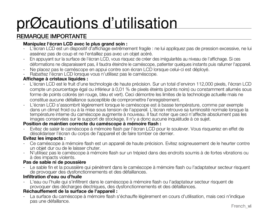 Samsung VP-MX25E/EDC manual Précautions dutilisation, Remarque Importante 