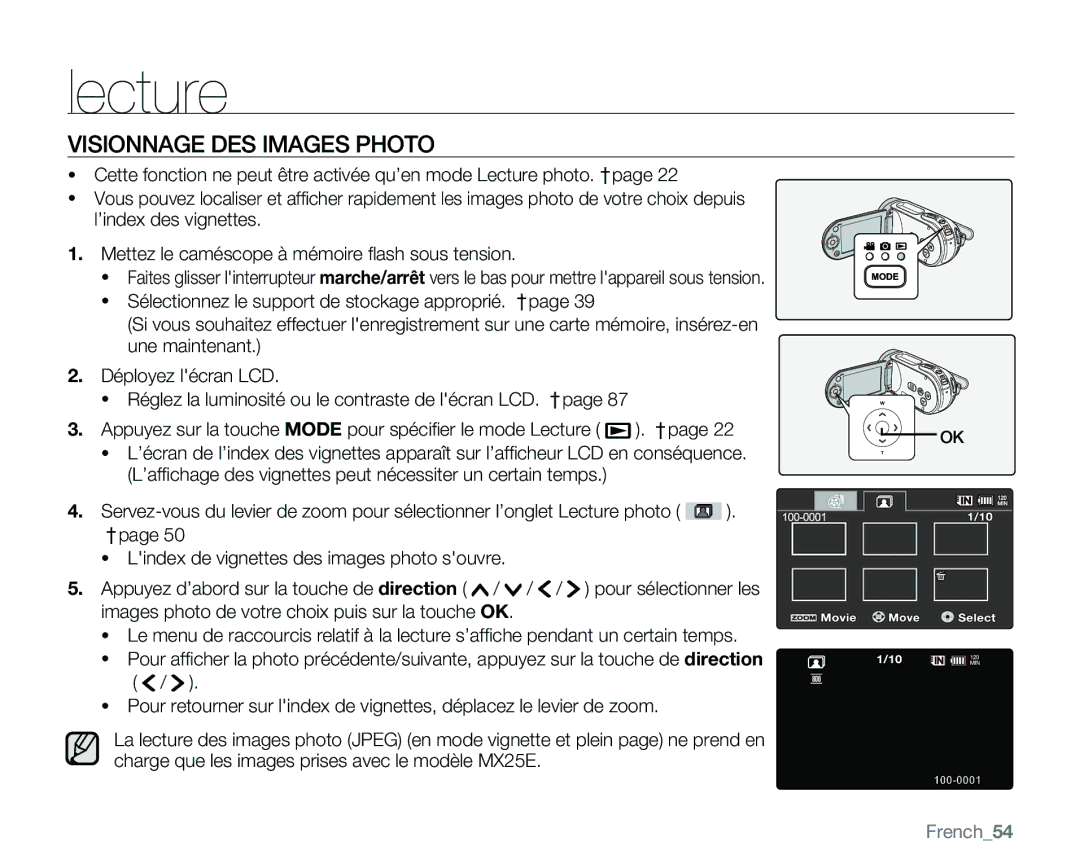 Samsung VP-MX25E/EDC manual Visionnage DES Images Photo, French54 