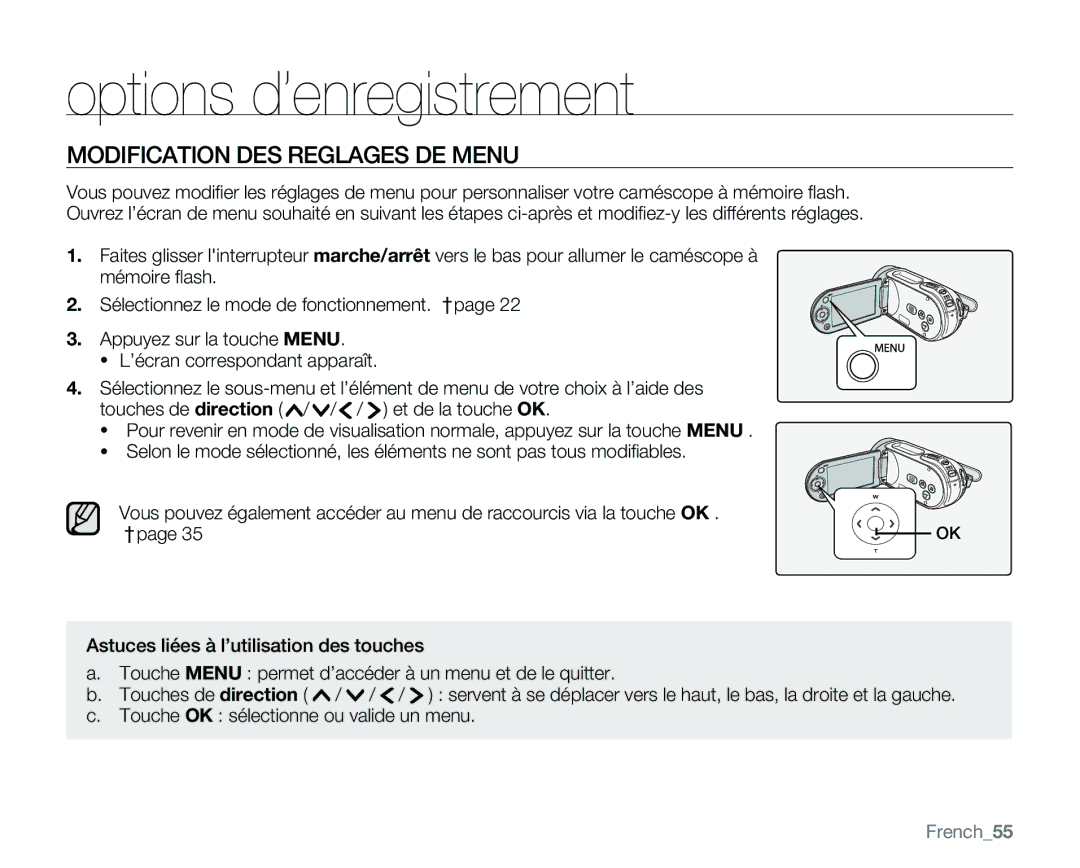 Samsung VP-MX25E/EDC manual Options d’enregistrement, Modification DES Reglages DE Menu, French55 