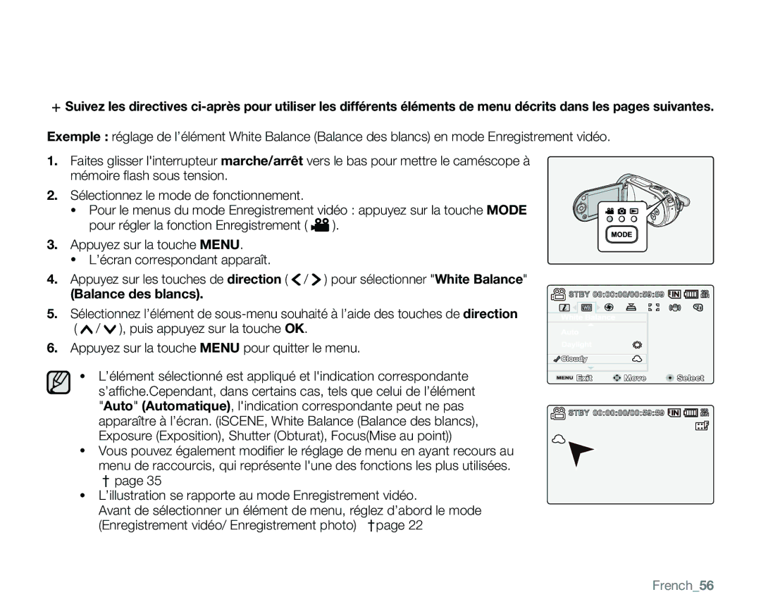 Samsung VP-MX25E/EDC manual Balance des blancs, French56 