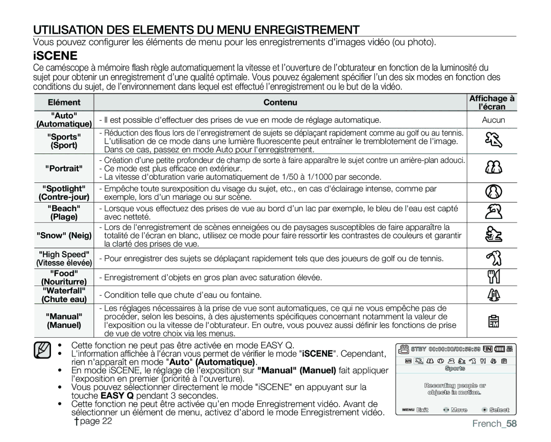 Samsung VP-MX25E/EDC manual Utilisation DES Elements DU Menu Enregistrement, Iscene 