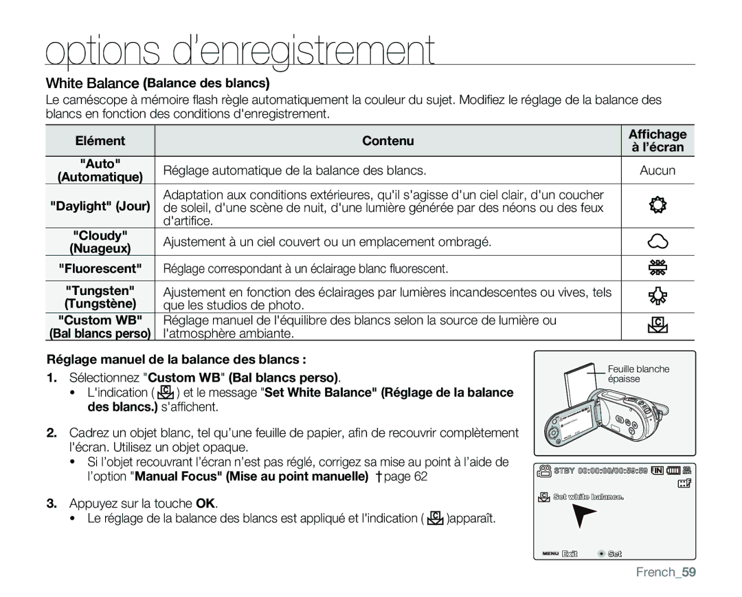 Samsung VP-MX25E/EDC manual White Balance Balance des blancs, Elément Contenu Afﬁchage, Dartiﬁce, Que les studios de photo 