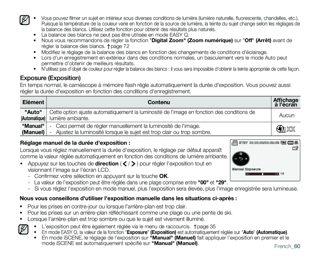 Samsung VP-MX25E/EDC manual Exposure Exposition, Elément Contenu, Aucun, Lumière ambiante 