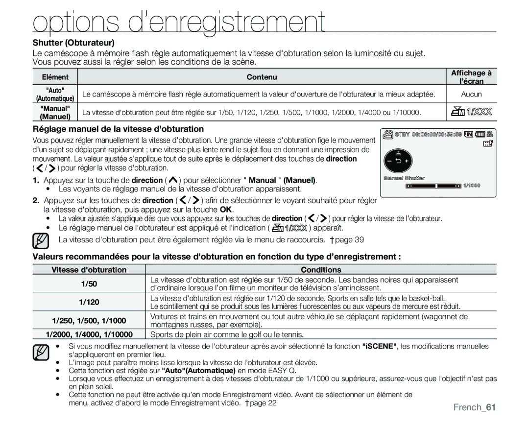 Samsung VP-MX25E/EDC manual French61, Shutter Obturateur 