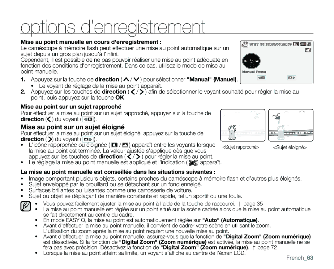 Samsung VP-MX25E/EDC manual Mise au point manuelle en cours denregistrement, Mise au point sur un sujet rapproché, French63 