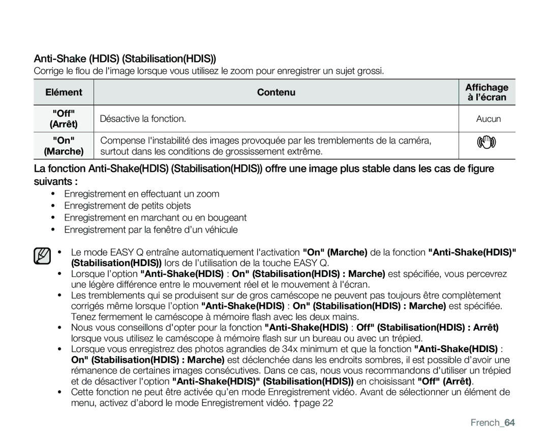 Samsung VP-MX25E/EDC manual Anti-Shake Hdis StabilisationHDIS, Désactive la fonction, French64 