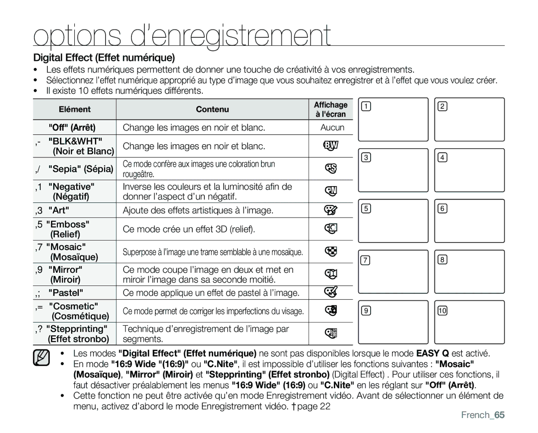 Samsung VP-MX25E/EDC manual Digital Effect Effet numérique, Il existe 10 effets numériques différents, Off Arrêt, French65 