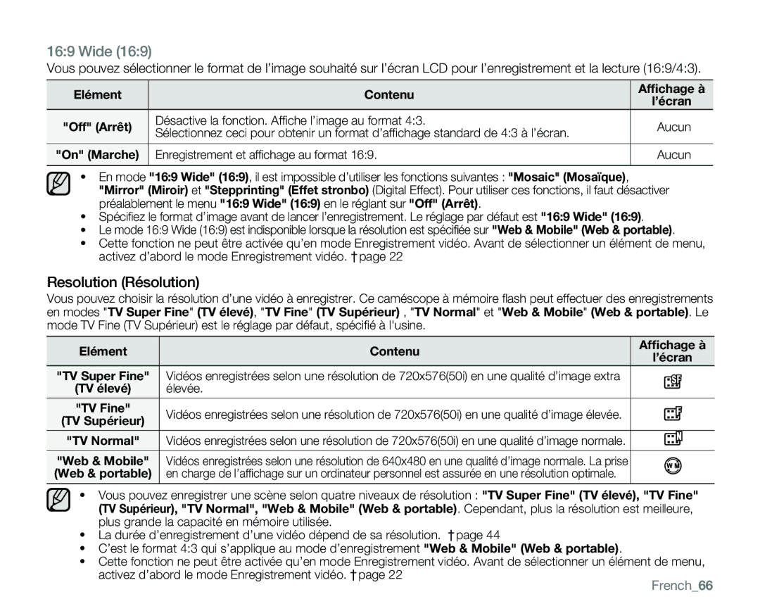 Samsung VP-MX25E/EDC manual Wide, Resolution Résolution, French66 