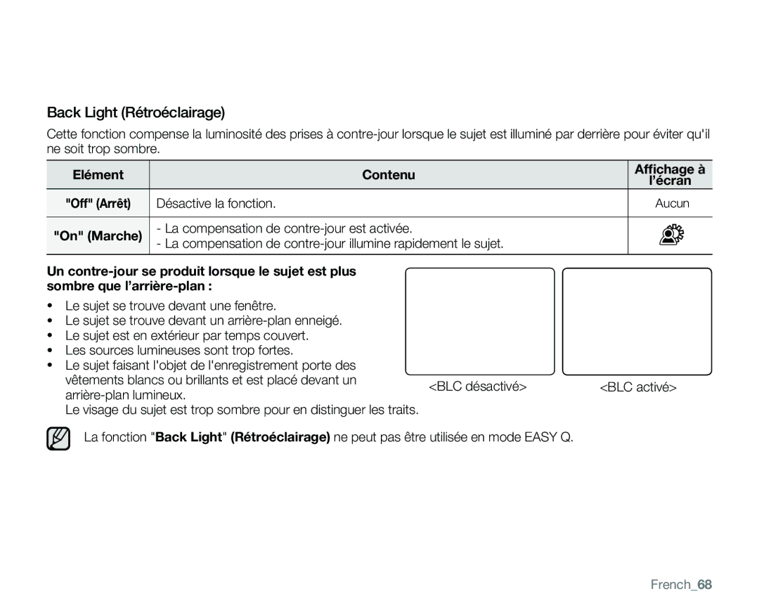 Samsung VP-MX25E/EDC manual Back Light Rétroéclairage, Désactive la fonction, Arrière-plan lumineux, French68 