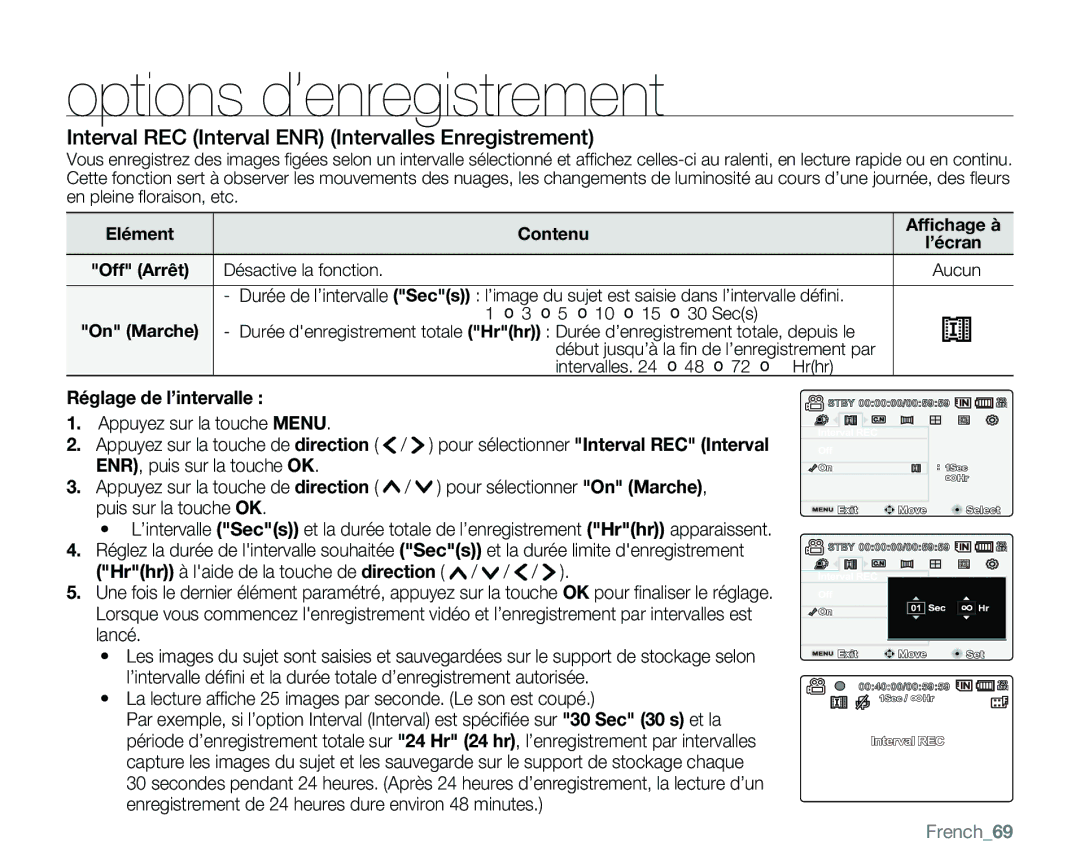 Samsung VP-MX25E/EDC manual Interval REC Interval ENR Intervalles Enregistrement, Réglage de l’intervalle, French69 