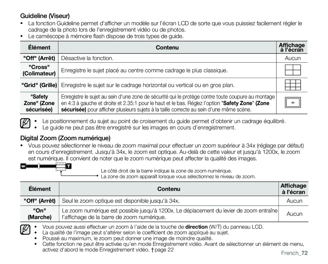 Samsung VP-MX25E/EDC manual Guideline Viseur, Digital Zoom Zoom numérique 