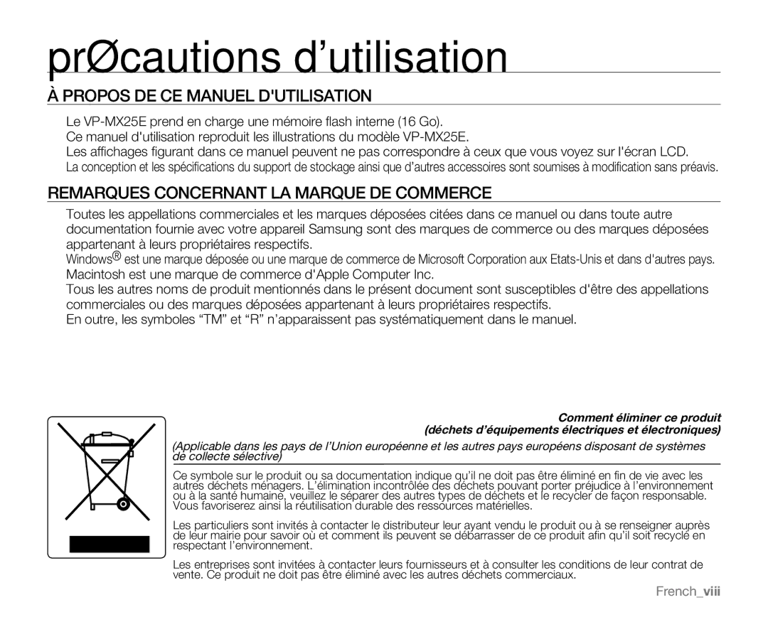 Samsung VP-MX25E/EDC manual Propos DE CE Manuel Dutilisation, Remarques Concernant LA Marque DE Commerce, Frenchviii 