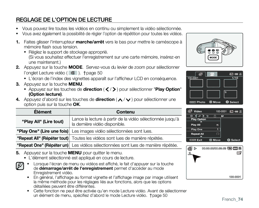 Samsung VP-MX25E/EDC manual Reglage DE L’OPTION DE Lecture, La dernière vidéo disponible, French74 