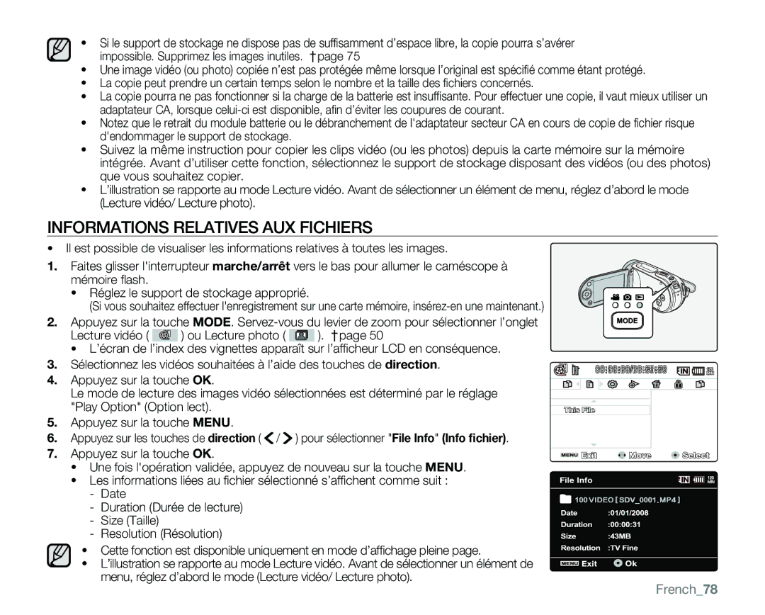 Samsung VP-MX25E/EDC manual Informations Relatives AUX Fichiers, French78 