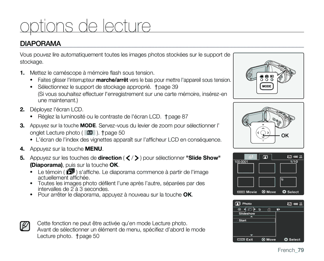 Samsung VP-MX25E/EDC manual Diaporama, Actuellement afﬁchée, Intervalles de 2 à 3 secondes, French79 