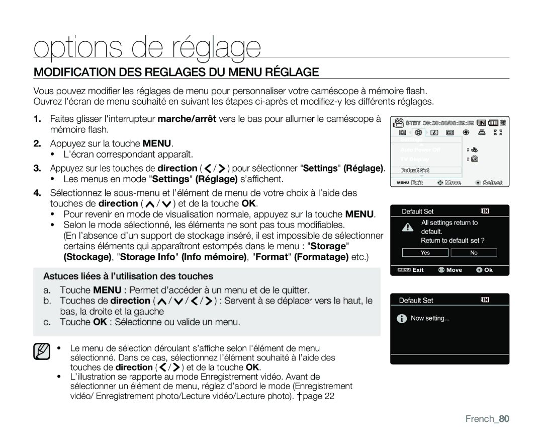 Samsung VP-MX25E/EDC manual Options de réglage, Modification DES Reglages DU Menu Réglage, French80 