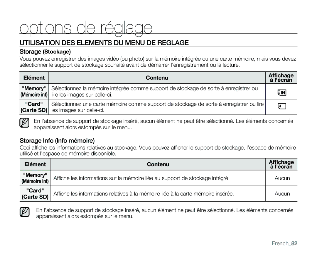 Samsung VP-MX25E/EDC Utilisation DES Elements DU Menu DE Reglage, Storage Stockage, Storage Info Info mémoire, French82 