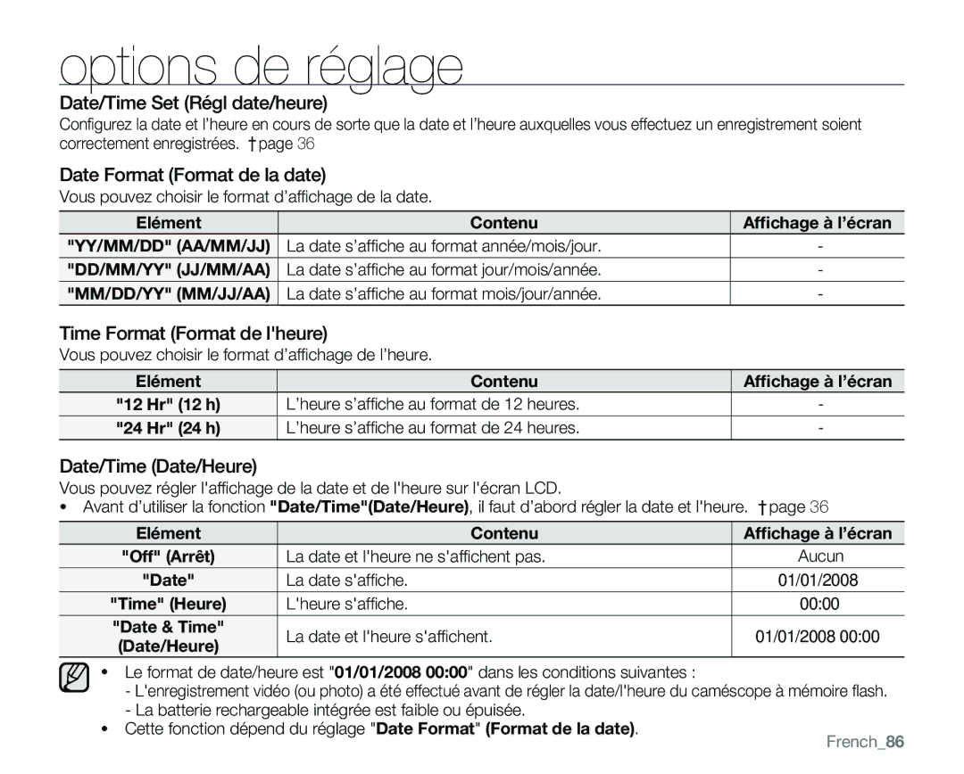 Samsung VP-MX25E/EDC manual Date/Time Set Régl date/heure, Date Format Format de la date, Time Format Format de lheure 