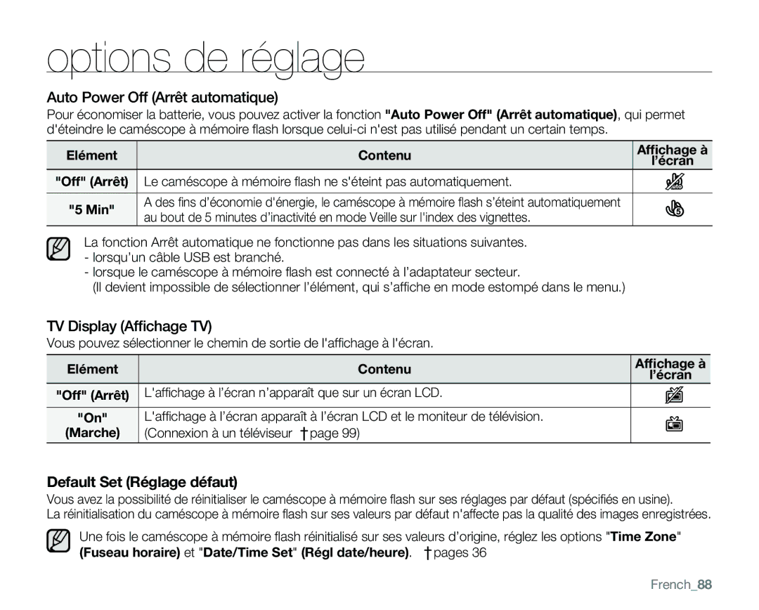 Samsung VP-MX25E/EDC manual Auto Power Off Arrêt automatique, TV Display Afﬁchage TV, French88 