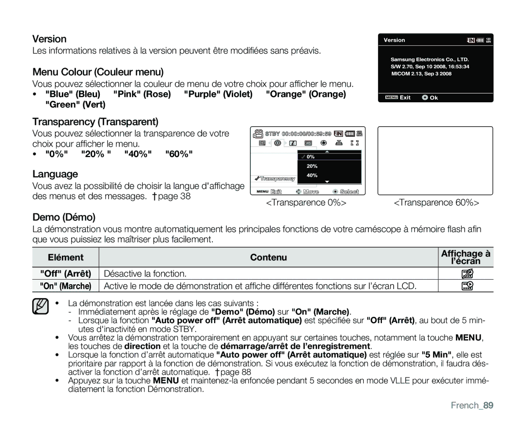 Samsung VP-MX25E/EDC manual Version, Menu Colour Couleur menu, Transparency Transparent, Language, Demo Démo 