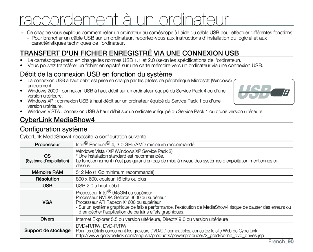 Samsung VP-MX25E/EDC manual Raccordement à un ordinateur, Transfert DUN Fichier Enregistré VIA UNE Connexion USB, French90 