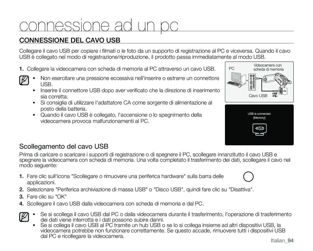 Samsung VP-MX25E/EDC manual Connessione DEL Cavo USB, Scollegamento del cavo USB, Italian94 