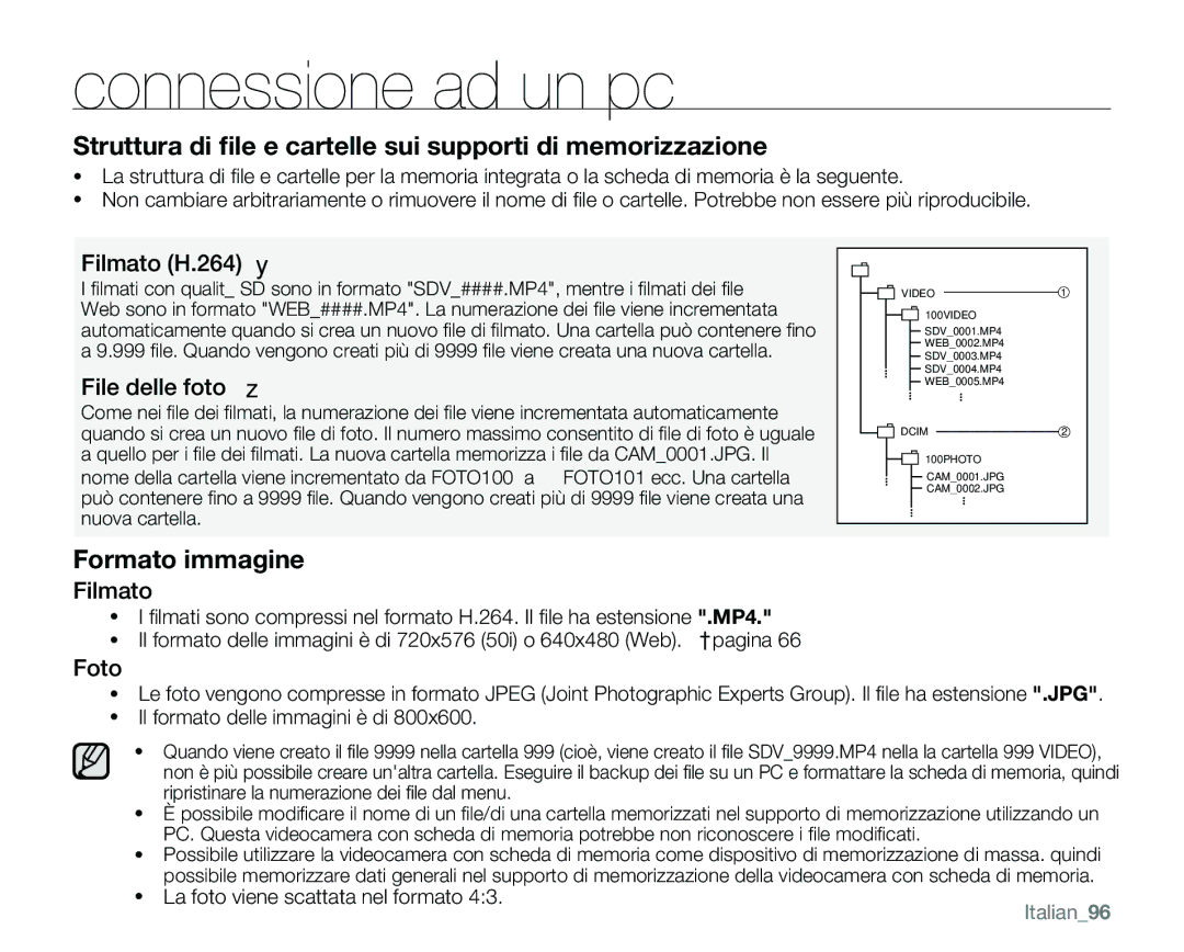 Samsung VP-MX25E/EDC manual Filmato H.264 y, File delle foto z, Foto, Italian96 