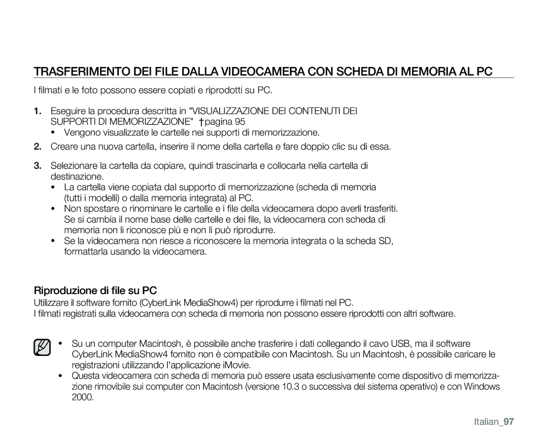 Samsung VP-MX25E/EDC manual Riproduzione di ﬁle su PC, Italian97 