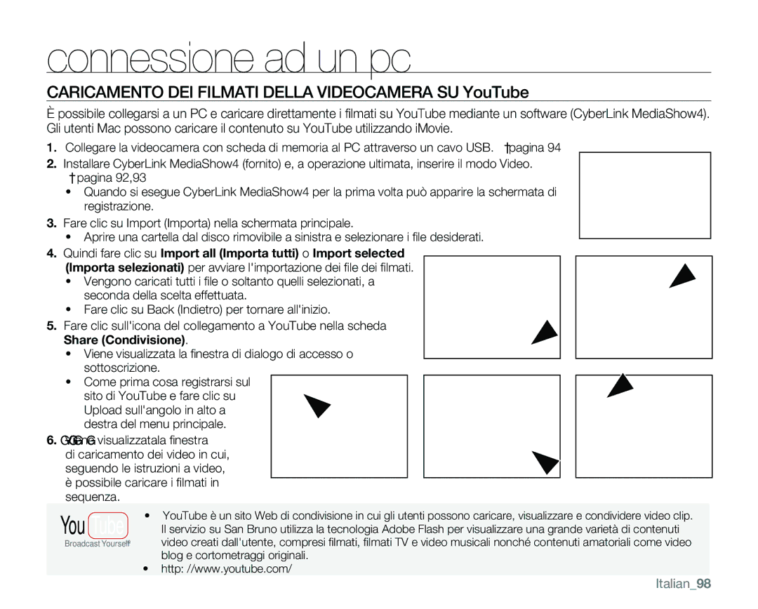 Samsung VP-MX25E/EDC manual Caricamento DEI Filmati Della Videocamera SU YouTube, Italian98 