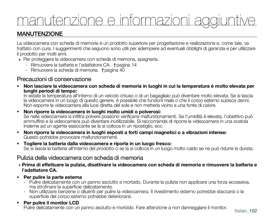 Samsung VP-MX25E/EDC manual Manutenzione, Precauzioni di conservazione, Pulizia della videocamera con scheda di memoria 