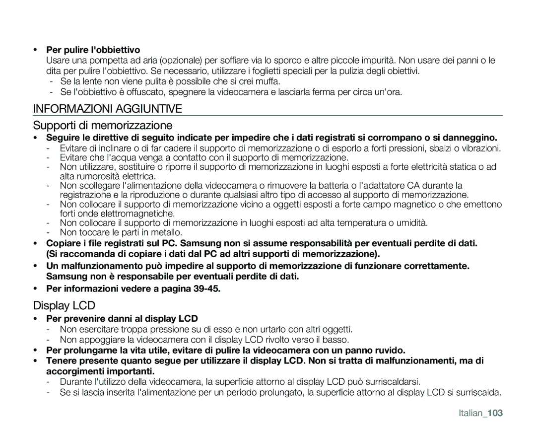 Samsung VP-MX25E/EDC manual Informazioni Aggiuntive, Supporti di memorizzazione, Display LCD, Per pulire lobbiettivo 