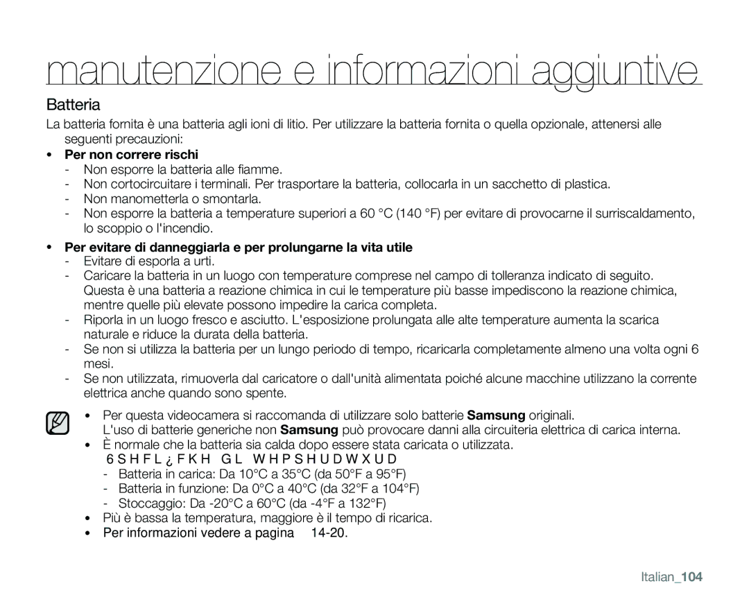 Samsung VP-MX25E/EDC manual Batteria, Per non correre rischi, Per evitare di danneggiarla e per prolungarne la vita utile 