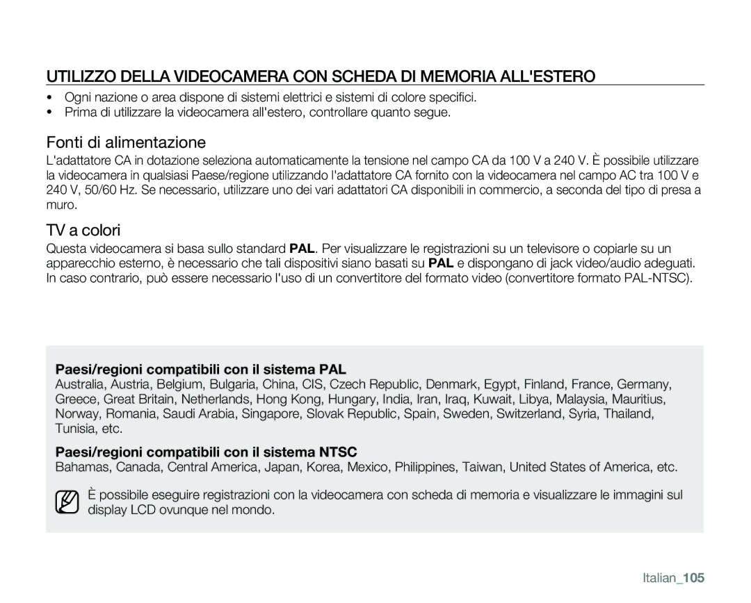 Samsung VP-MX25E/EDC manual Utilizzo Della Videocamera CON Scheda DI Memoria Allestero, Fonti di alimentazione, TV a colori 