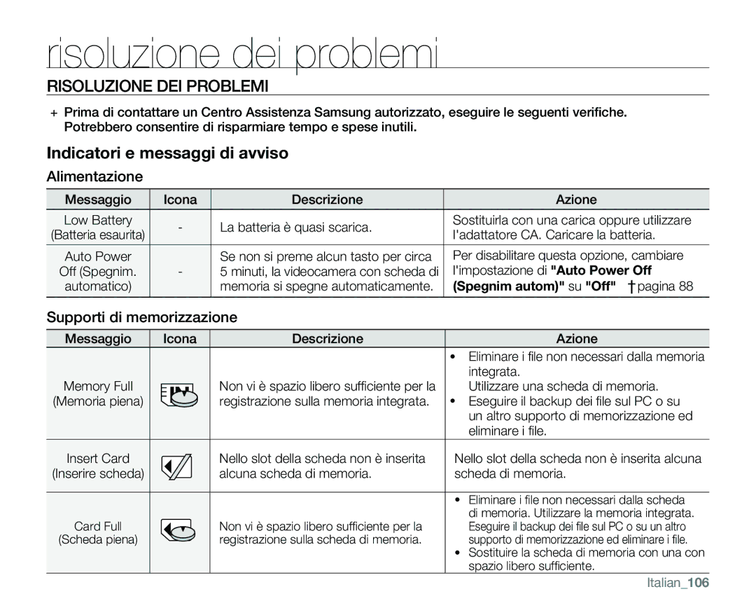 Samsung VP-MX25E/EDC manual Risoluzione dei problemi, Risoluzione DEI Problemi, Alimentazione, Supporti di memorizzazione 