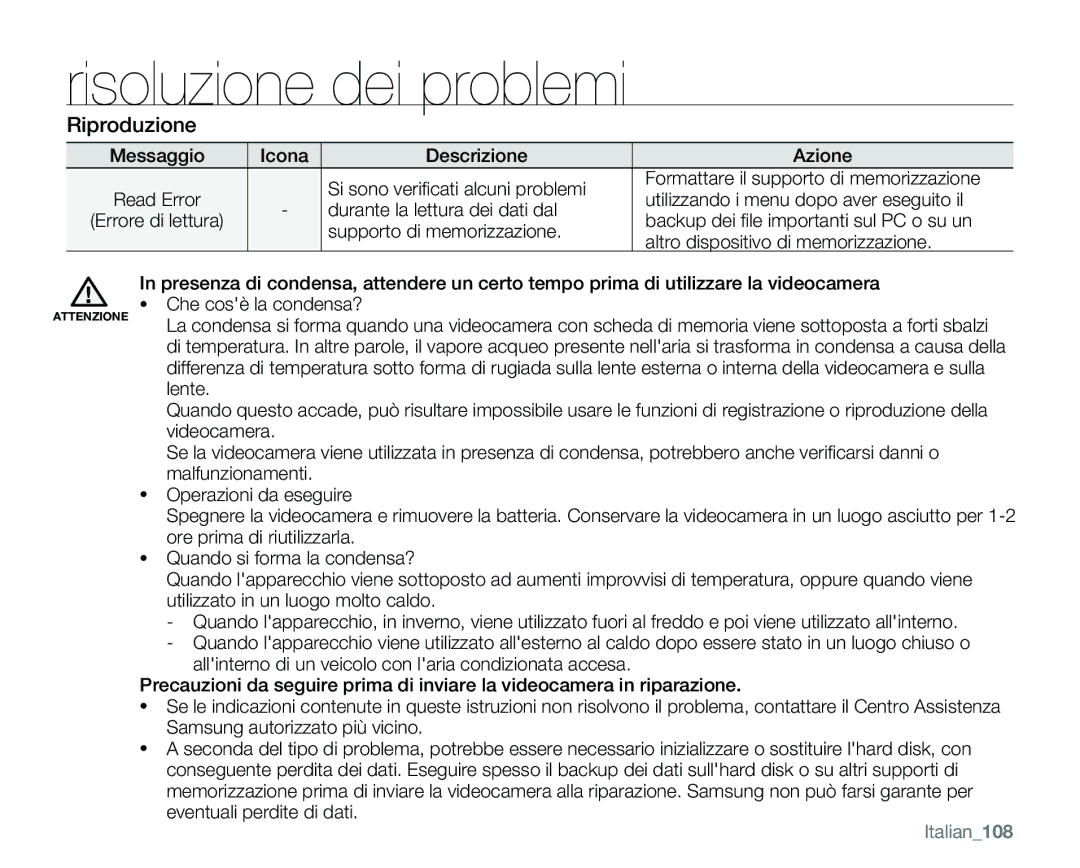 Samsung VP-MX25E/EDC manual Riproduzione, Italian108 