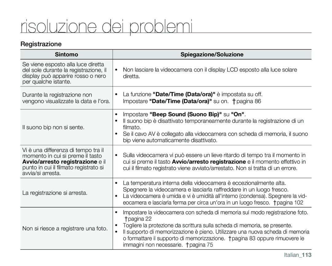 Samsung VP-MX25E/EDC manual Impostare Beep Sound Suono Bip su On, Avvio/arresto registrazione e il 