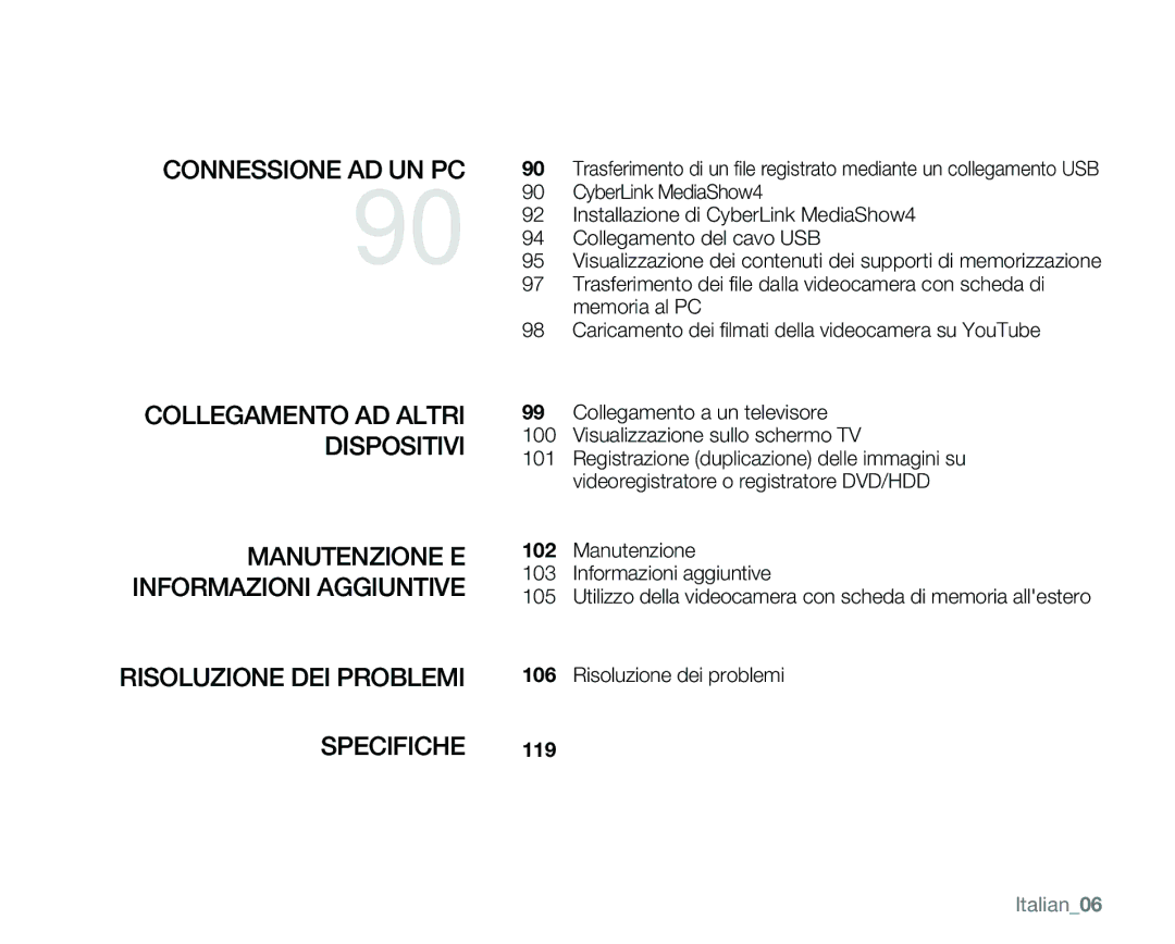 Samsung VP-MX25E/EDC manual Specifiche, Risoluzione dei problemi, Italian06 