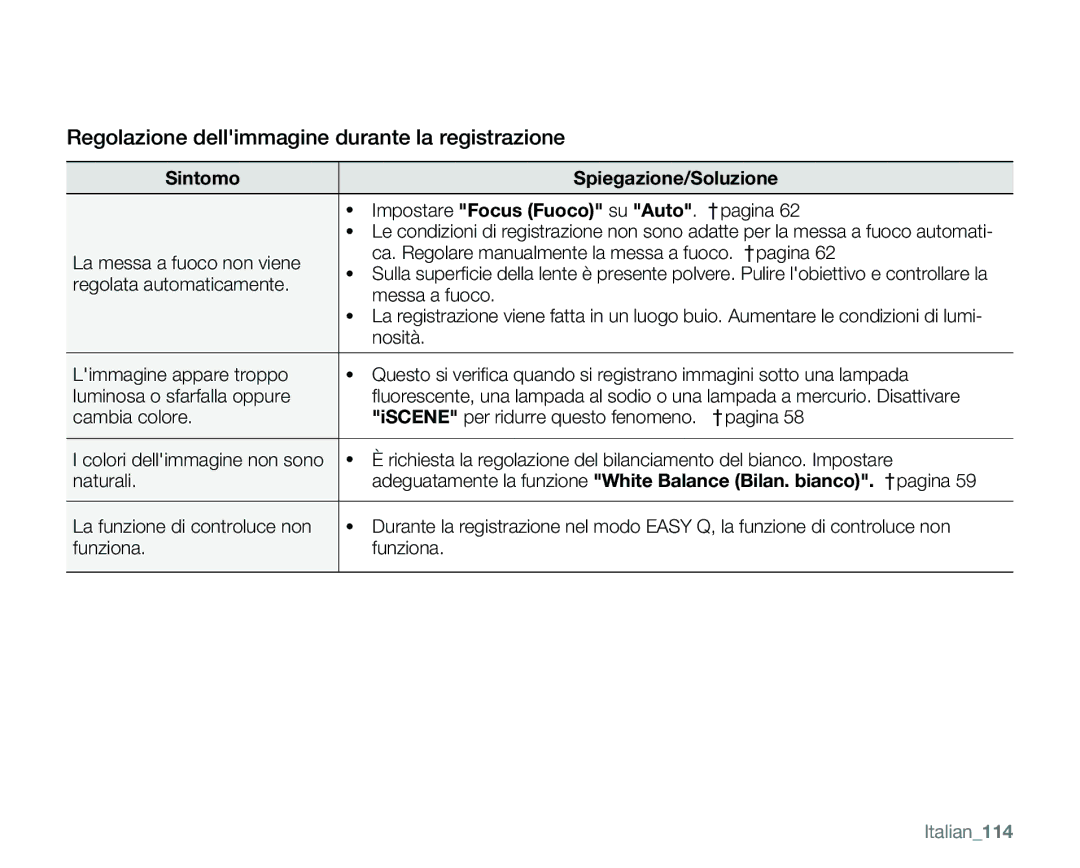 Samsung VP-MX25E/EDC manual Regolazione dellimmagine durante la registrazione, Italian114 