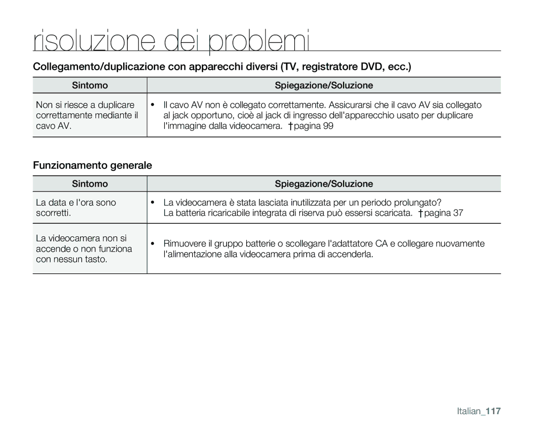 Samsung VP-MX25E/EDC Funzionamento generale, Accende o non funziona, Lalimentazione alla videocamera prima di accenderla 