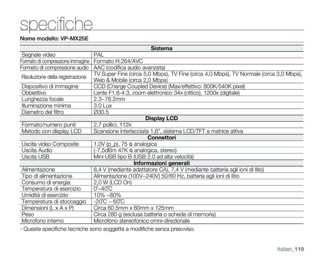 Samsung VP-MX25E/EDC manual Speciﬁche, Italian119 