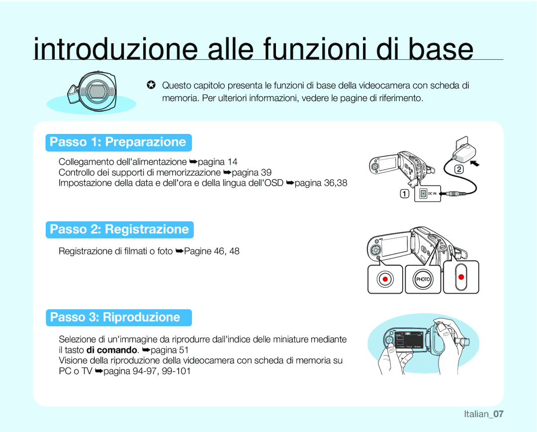 Samsung VP-MX25E/EDC manual Introduzione alle funzioni di base, Registrazione di ﬁlmati o foto ²Pagine 46, Italian07 