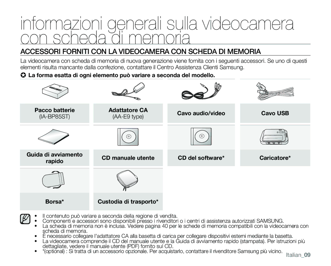 Samsung VP-MX25E/EDC manual Accessori Forniti CON LA Videocamera CON Scheda DI Memoria, Cavo audio/video Cavo USB, Borsa 